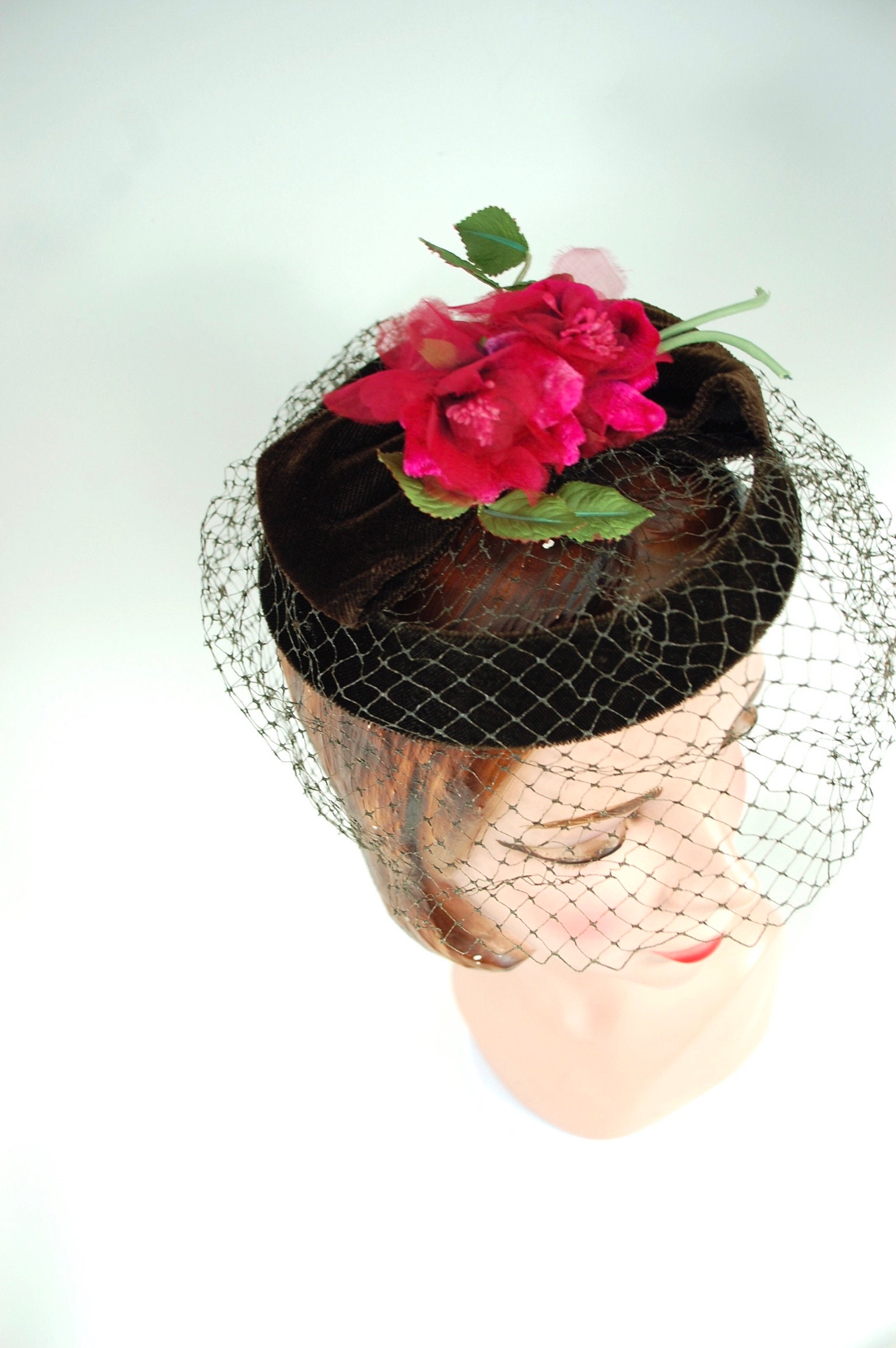 1950s 1960s Chocolate Brown Velvet Whimsey Hat Fuchsia Pink and Green  Millinery Flowers Veiled Hat All Seasons - Etsy