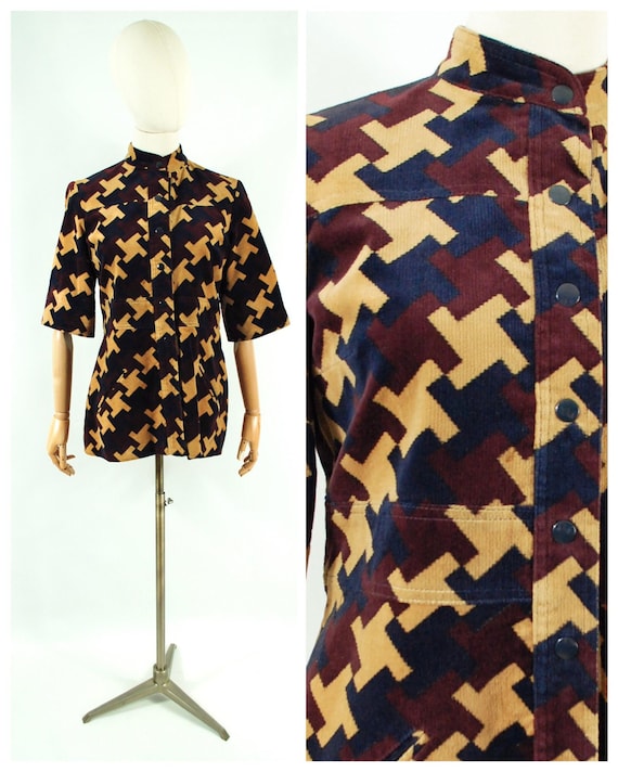 Geoffrey Beene, 1970s Geoffrey Beene Corduroy Jacket: Geometric Burgundy Navy Tan