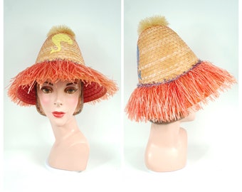 1960s Kitschy Novelty Beach Hat Earl Bernard Made in Italy Natural Straw Peach pink and Blue Whale