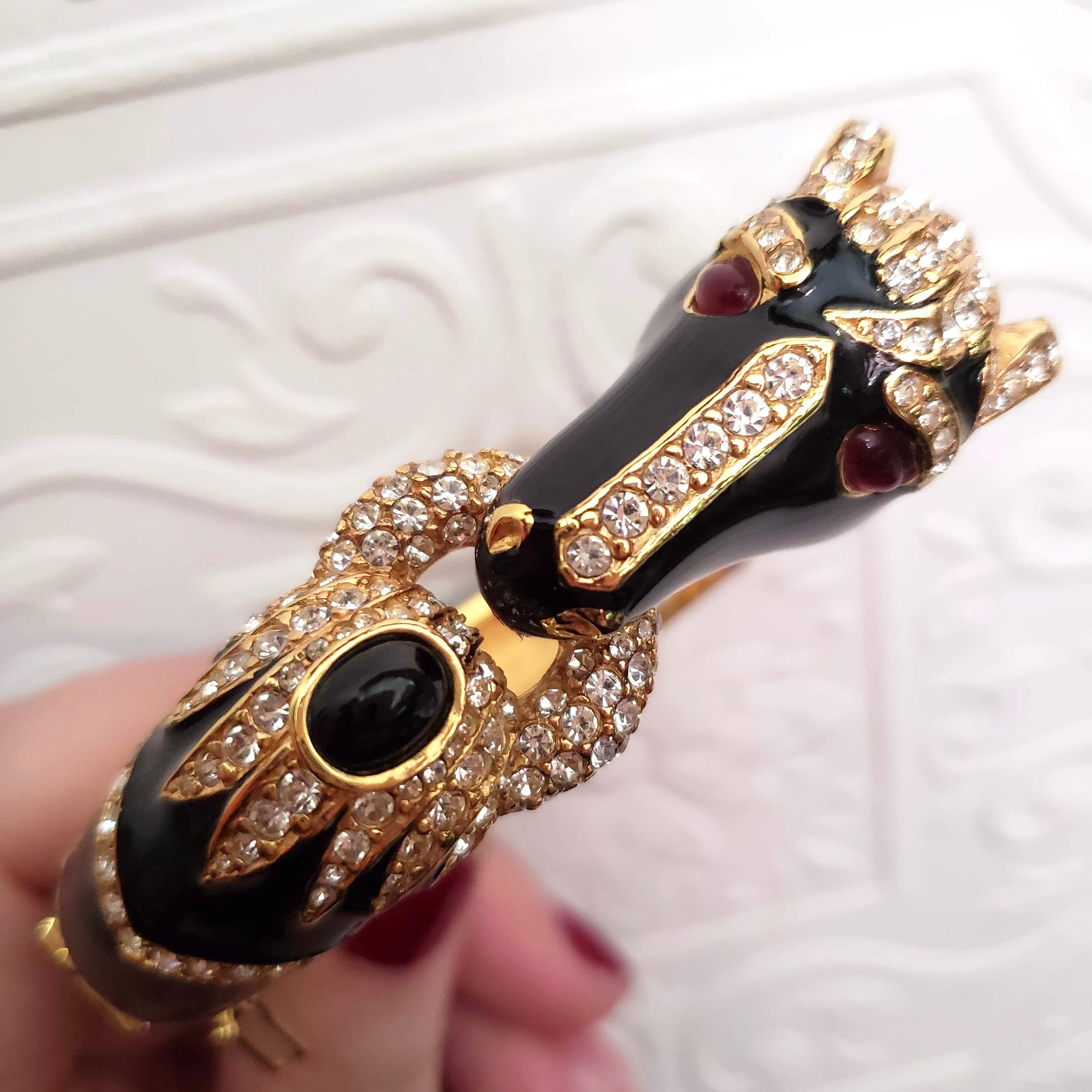 Vintage Ciner Horse Bracelet / Rhinestones and Enamel Black