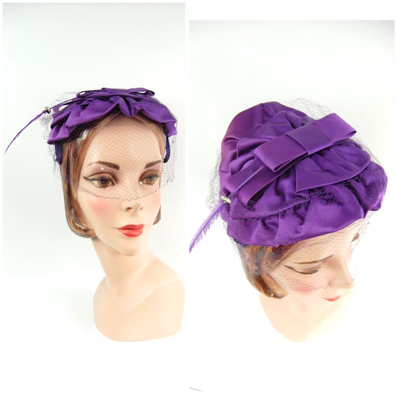 50s Purple Satin Veiled Hat with Feather Accent -
