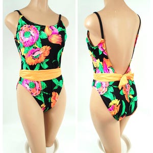 1980s Tropical Floral Print Colorful Swimsuit / Medium / One Piece Swimsuit 80s Bathing Suit Hot Pink Neon Lime Green Orange day glow