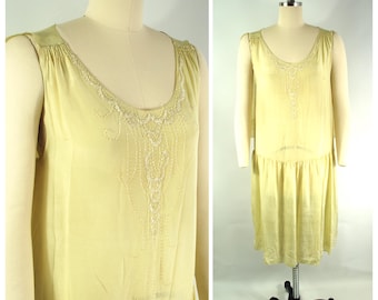 1920s Beaded Silk Crepe Flapper Dress, Pale Yellow (38 1/2 Bust)