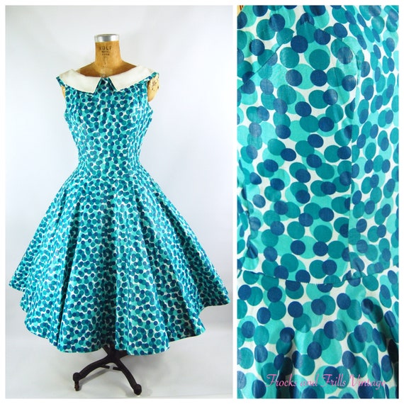 1950s Teal and Turquoise Full Skirt Dress / waist