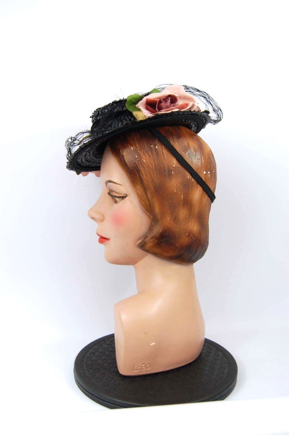 Late 1930s Spring Hat Black Toy Hat Straw Hat Mar… - image 6