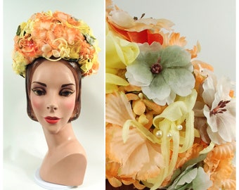 1960s Floral Hat by Neil Eliot / Green Orange Yellow Taupe Flower Wig Floral Hat Spring Summer Mid to Late 1960s