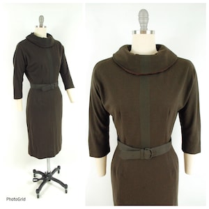 1950s - 60s Brown Wool Jersey belted Day Dress / 40 Bust 29 Waist / Collared 3/4 length sleeves Pencil Wiggle