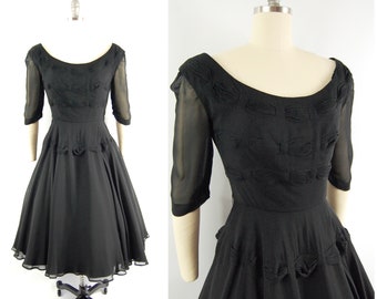 1950s Black Chiffon Party Dress / 26 Waist / Full Skirt Nipped Waist Lacing Details Evening Formal Tea Length Cocktail Dress Georgette Crepe