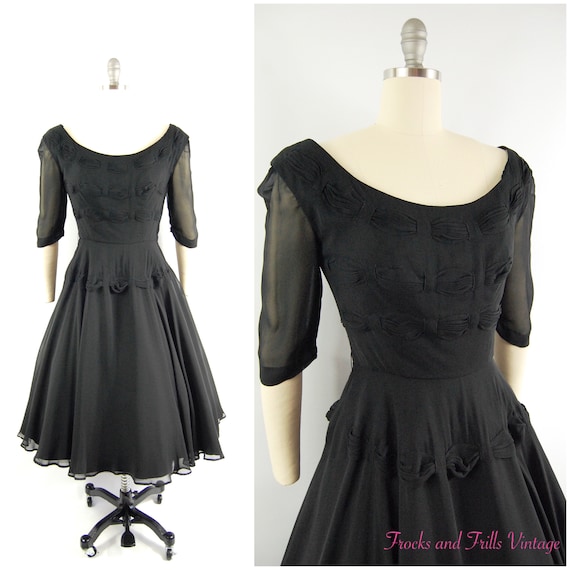 1950s Black Chiffon Party Dress / 26 Waist / Full… - image 1