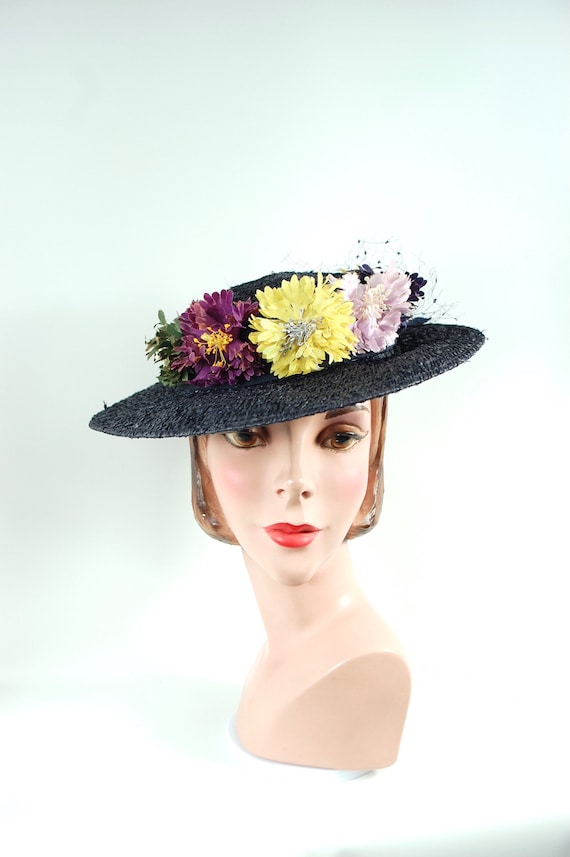 1930s Navy Floral Saucer Hat / Tilted Jaunty Sprin