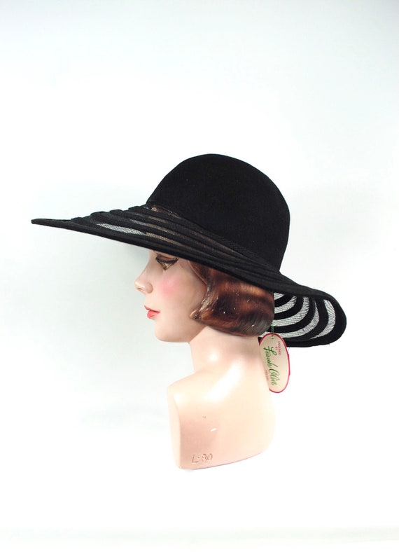 1980s Frank Olive Wide Brimmed Hat / Black Fishne… - image 9