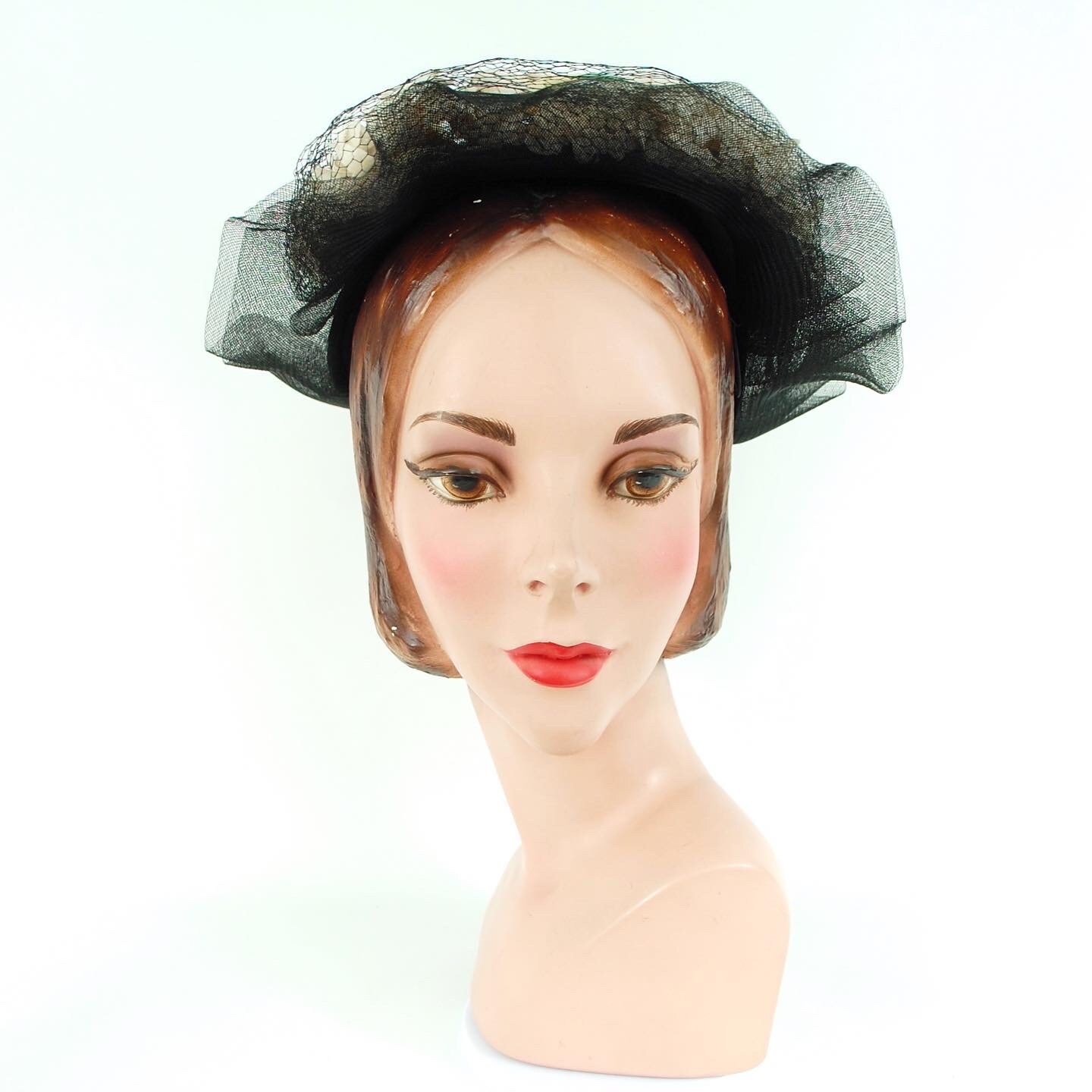 Vintage 40’s 50’s Black Hat White Cream Floral Accents Women’s Flowers Cap Vintage Black Hat with Small Flowers, Straw with Velvet late  main image 3