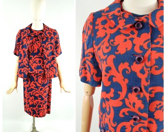 1960s Damask 3-Piece Suit: Orange & Blue Vintage Ladies Set / Spring Summer