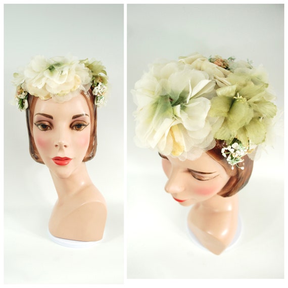 1950s Floral Millinery Half Hat: Green, White, Pink Glass  display picture 2