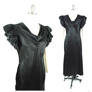 Early to mid 1930s Black Silk Satin Evening Gown / 30 - 32 Waist / Bias Cut Smocking Cowl Neck
