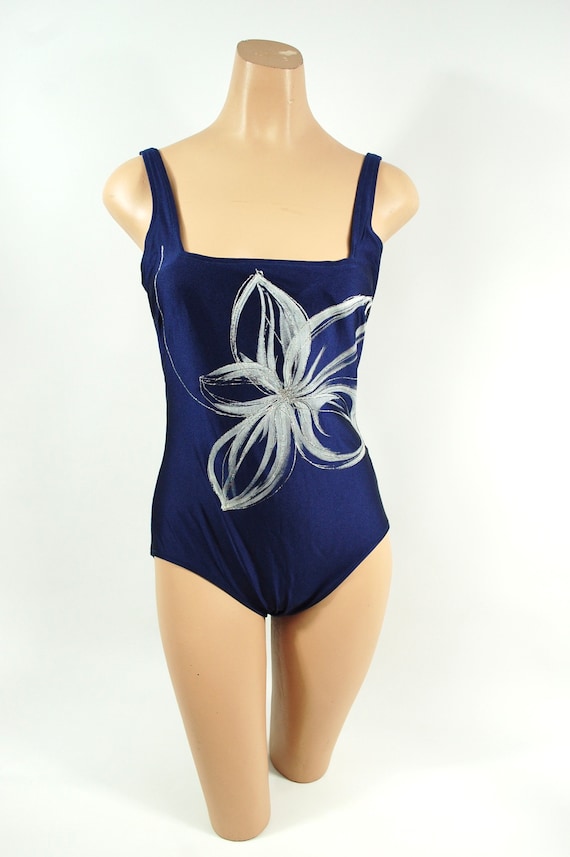 Size 34 36 / Late 1970s Navy Blue and Silver Swimsuit by Gottex Swimwear  One Piece Square Neck Open Back Bathing Suit Dark Blue Spandex 