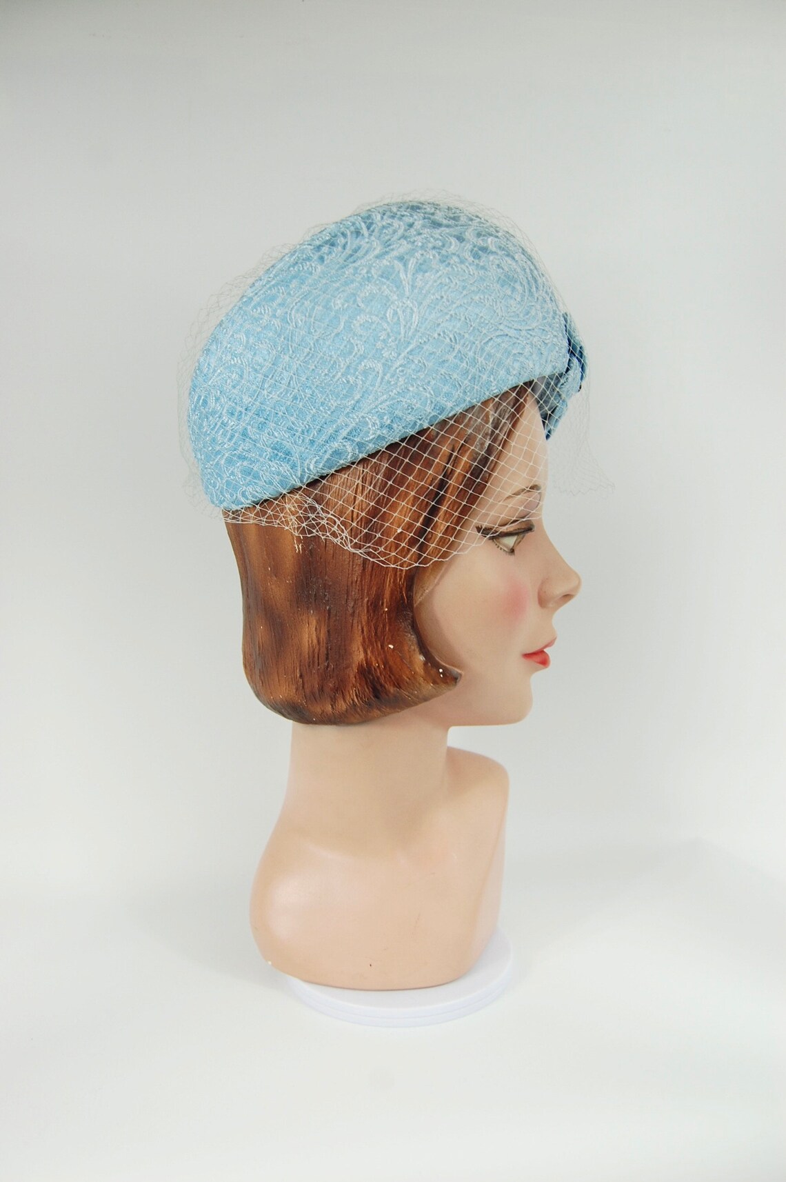 60s Powder Blue Dome Pillbox Hat Veiled Light Blue Jacquard Etsy