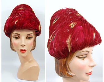 1960s Feathered Beehive Hat - Cranberry Red Feathered Hat - All Feathers Brimless Magenta - Cossack High Crown 50s 60s