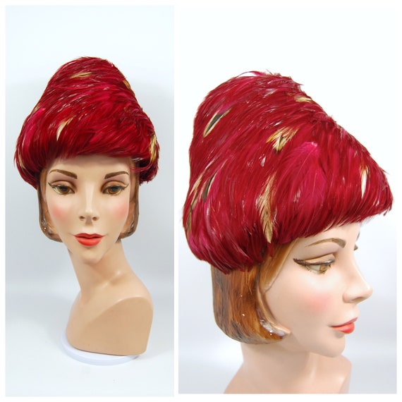 1960s Feathered Beehive Hat - Cranberry Red Feath… - image 1