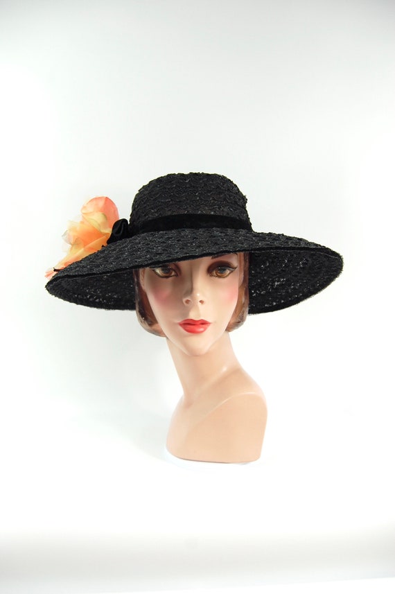 50s 60s Black Straw Wide Brimmed Hat / Black Summe