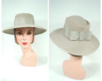 1940s 1950s Dove Grey Ladies Hat / Wool Fedora Wide Brimmed Late 1940s Early 1950s Fall Winter