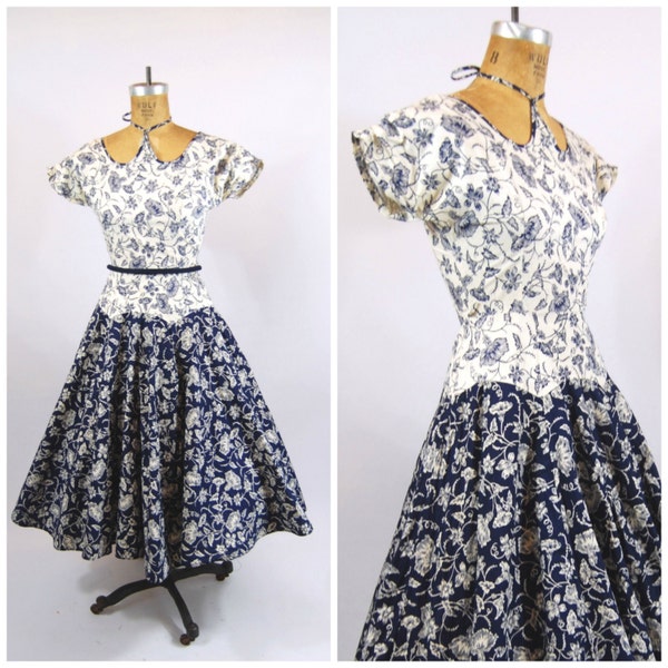 1950s Blue Floral Cotton Dress / 24 Waist / Tea length Full Circle Skirt 50s Summer Halter Unique neckline Rockabilly Navy Blue