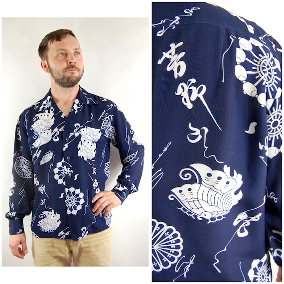 40s 50s Mens Novelty Lounge Shirt / Large / Blue R
