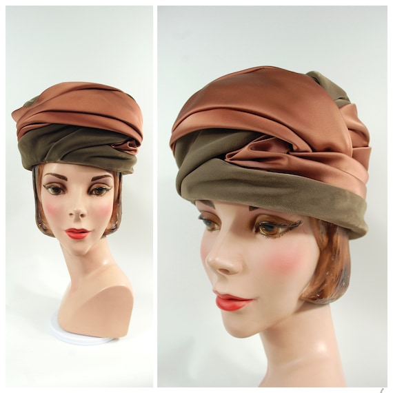 1960s Brown Velvet and Satin Turban Style Hat - M… - image 1