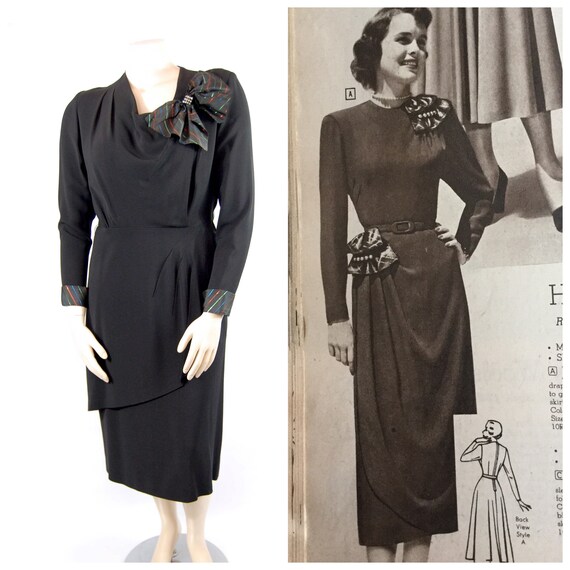 40s Volup Black Rayon Dress // 44 Bust Hips // Rai