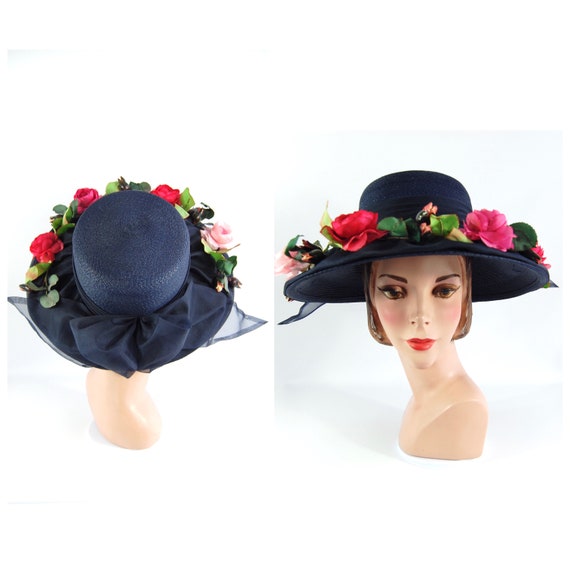 Early 1960s Navy Straw Floral Hat - Wide Brimmed P