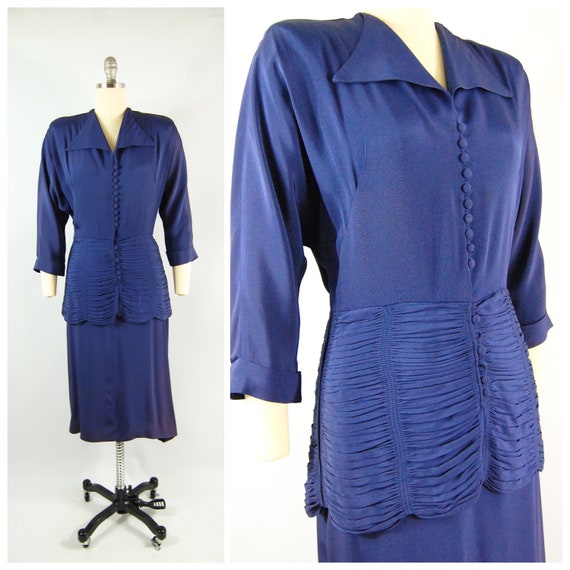 1940s Royal Purple Rayon Peplum Dress // 29 Waist