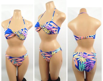 1980s 1990s Sea Weed Of California Bikini / Small / Pink Purple Green Neon Floral Bandeaux High Cut Thigh 2 Piece Swimsuit Swimwear