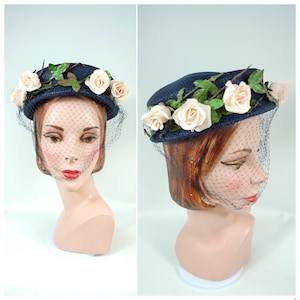 1950s Blue Straw hat with Light Pink Roses / Veiled Pale Pink Small Brimmed Tea Party Sunday Church Floral Pillbox
