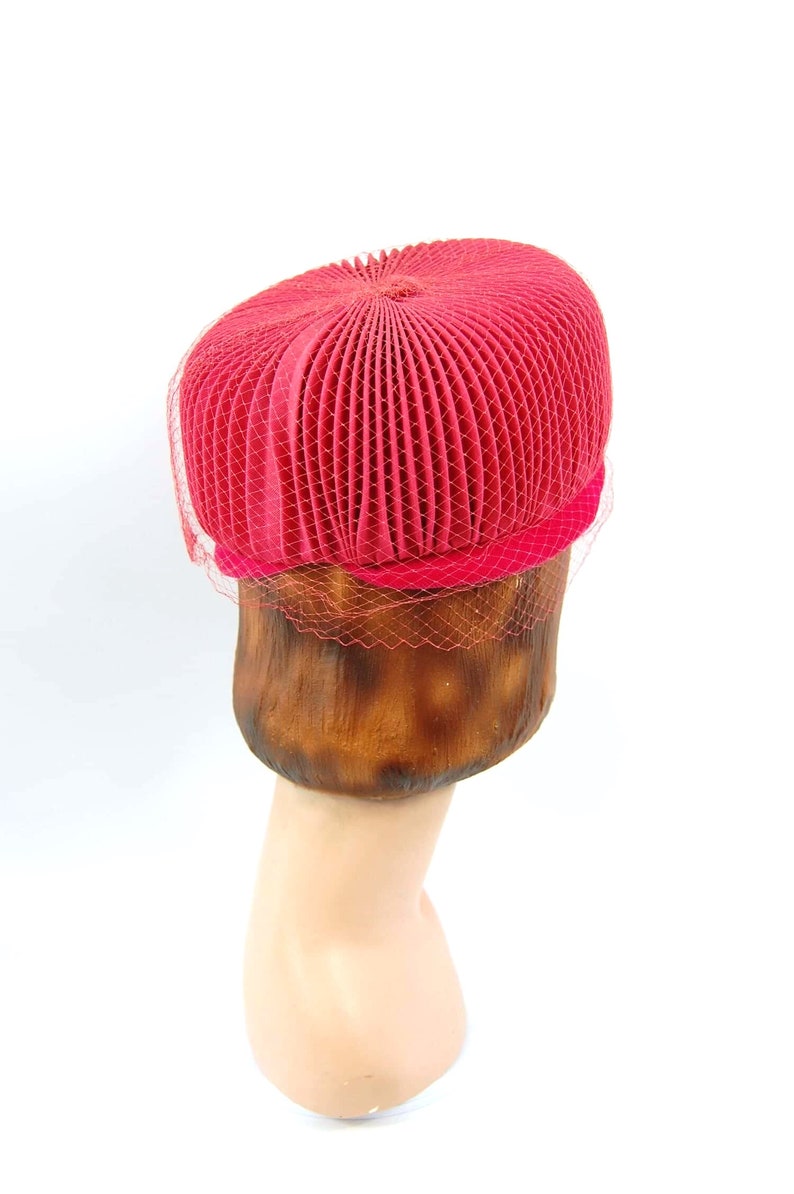 Pink Pleated 60s Dome Pillbox Hat Jewel Tone Fuchisia High Crown Small Brimmed Mid 60s Pink Hat