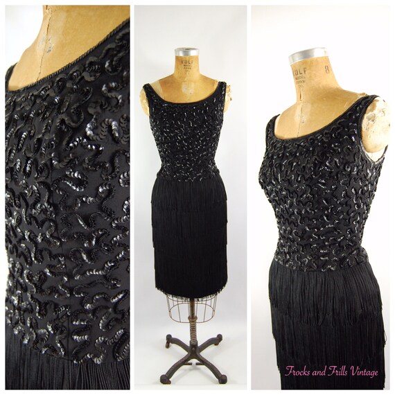 50s Fringe Cocktail Dress // 24 25 Waist // Jr Th