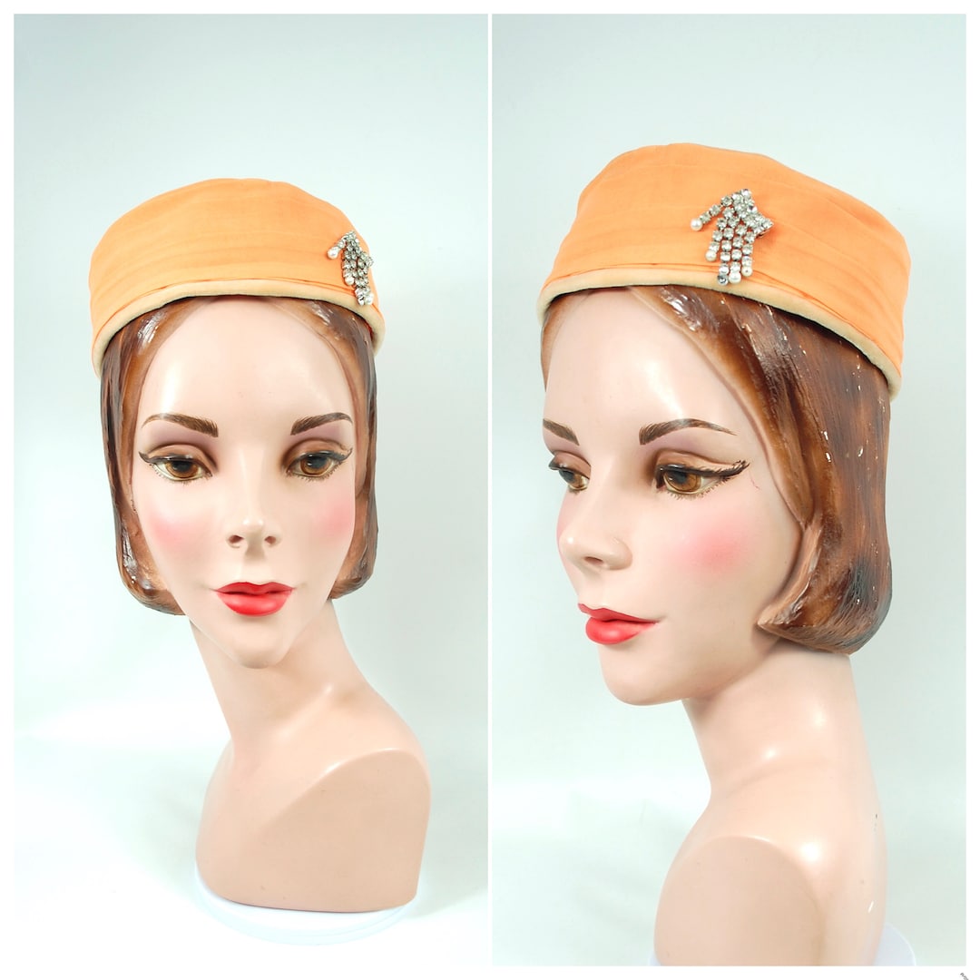 Marvelous 1960s Peach Orange Pillbox Hat / Small Pillbox Hat Spring