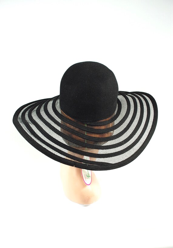 1980s Frank Olive Wide Brimmed Hat / Black Fishne… - image 8