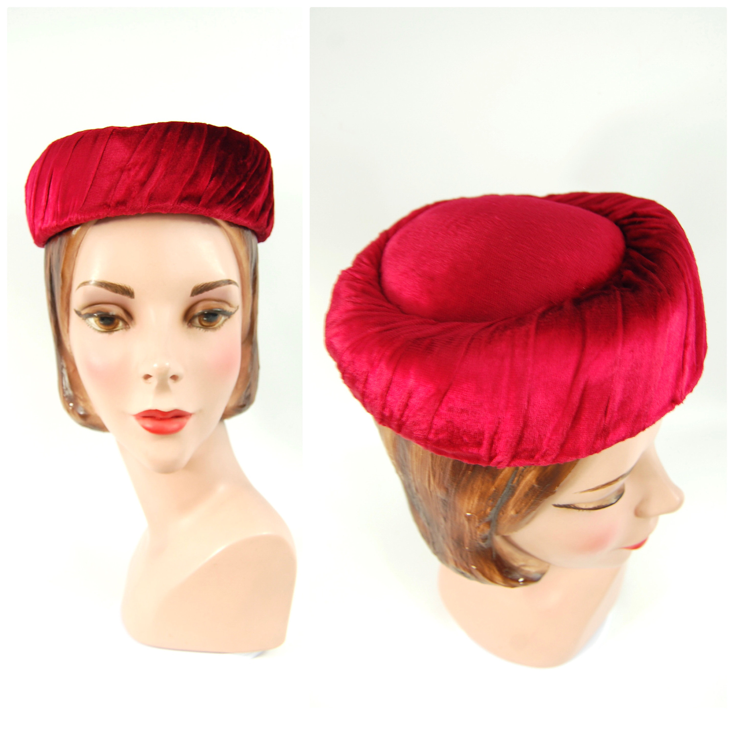 Early 1960s Red Velvet Pillbox Hat / by 