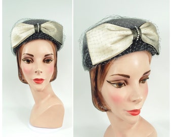 Early 1960s Gray Pillbox Hat Blue Grey Ombre Hat / Large Bow Rhinestones Veiling Pasadena Hats