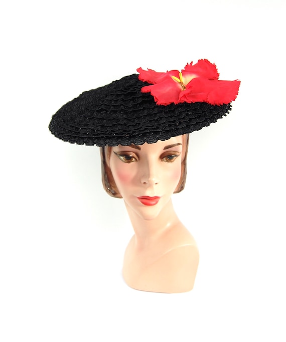 1950s Saucer Hat - Black Straw Platter Hat - Jaunt