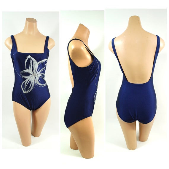 Size 34 36 / Late 1970s Navy Blue and Silver Swimsuit by Gottex