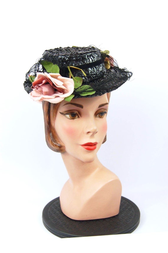 Late 1930s Spring Hat Black Toy Hat Straw Hat Mar… - image 2