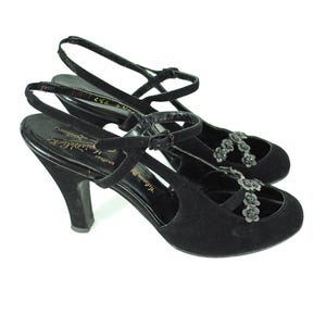 1940s Black Suede Pumps with Cut Out Toe Cleavage / size 6 1/2 / Morris Wolock Fashion