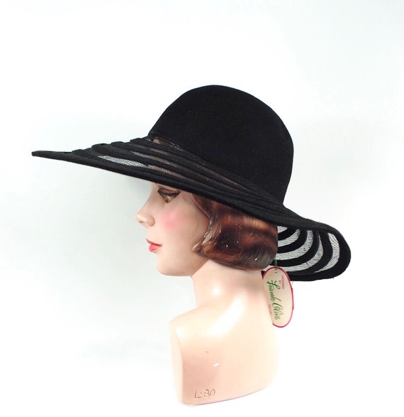 1980s Frank Olive Wide Brimmed Hat / Black Fishne… - image 6