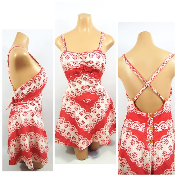40s Red White Patterned Cotton Playsuit / / 40s Be