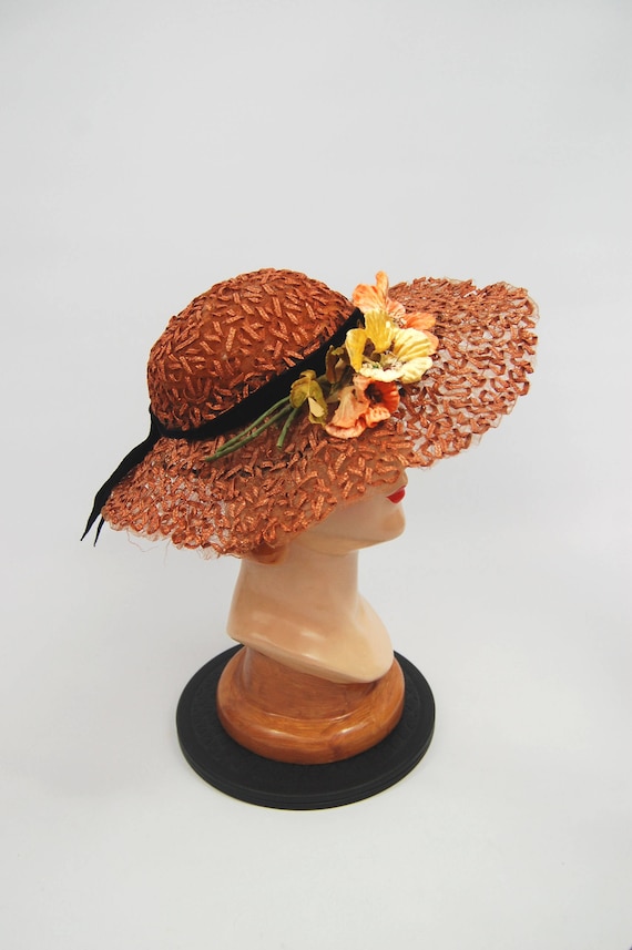 40s Woven Straw hat - Wide Brimmed Burnt Orange Fl