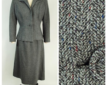 1950s Ladies Suit / 28 - 29 waist / Blue Grey Herringbone Wool Skirt Suit - Strong Shoulders Early 1950s Nipped Waist