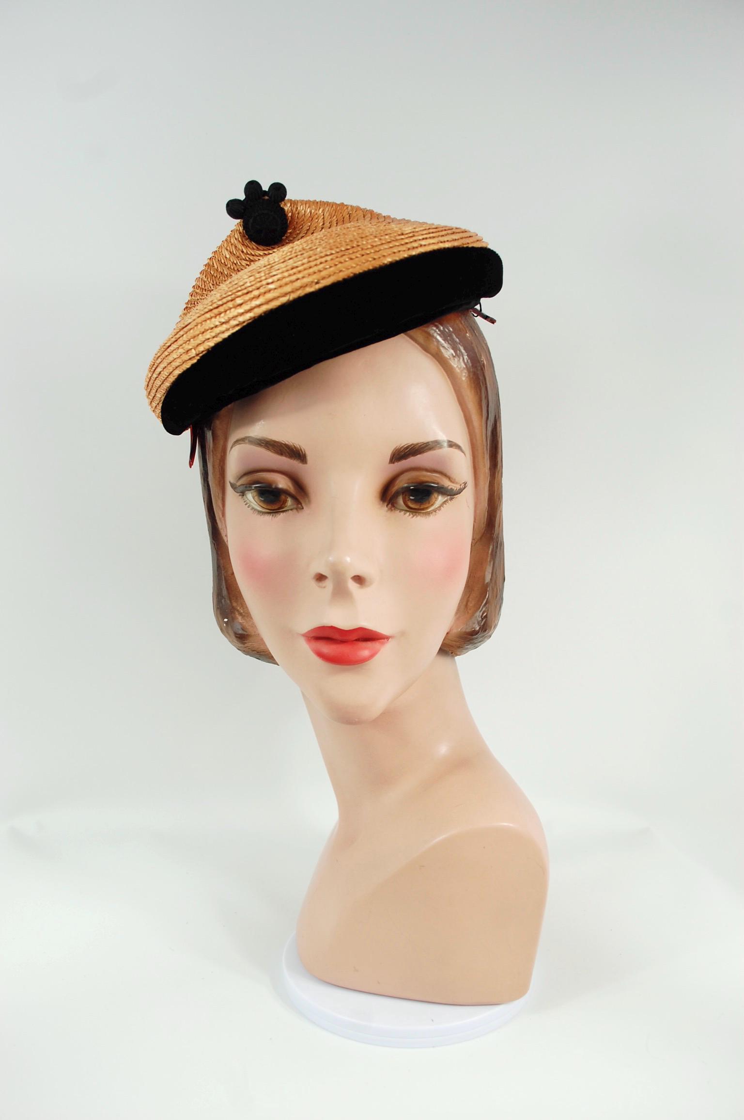 WOOLF BROTHERS VINTAGE BERET NEWSBOY FRENCH CAP SZ S Vintage Black Straw Beret Rivera Red Velvet Trim Helmer main image 4