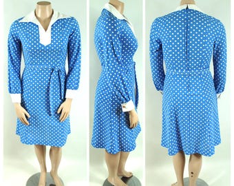 Vestido azul y blanco de lunares estilo años 70 / Talla grande / Poliéster de doble punto / Con cinturón y cuello / Sears Fashions