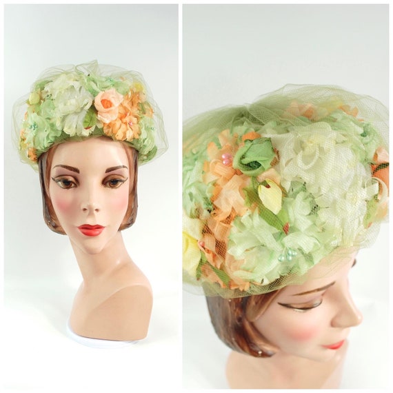 1960s Floral Hat / Green Yellow Orange Soft Flower Hat Spring Early 1960s Richard Original Light Green Hat Pale Green Celery Green Pastels